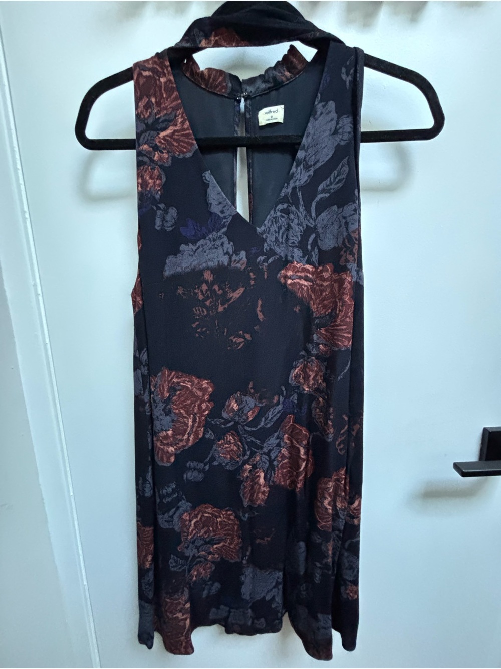 Aritzia Wilfred Black Dress with Navy and Rust Floral Accents - Picture 2 of 6
